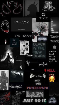 a collage of black and white images with words in the middle, including one that says i'm sorry