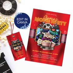 a movie party flyer with popcorn, movies and other items on the table next to it