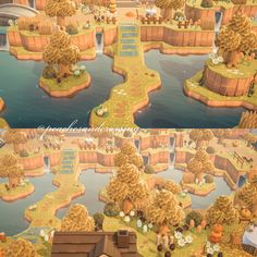 an animal crossing game is shown in two separate screens, one showing the park and the other showing its surroundings