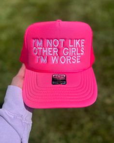 Trucker Hat Stay cool and show off unique style with this I'm Not Like Other Girls I'm Worse Trucker Hat. This made-in-house hat is perfect for spring and summer days, especially for girls' nights out. The statement on the cap will surely turn heads and get conversations going. Be prepared to stand out. BULK ORDERS 6 PCS OR MORE! - PLEASE CONTACT US FOR A DISCOUNT CODE BEFORE ORDERING 6 PIECES= 30% OFF 12 PIECES = 40% OFF 24 PIECES = 50% OFF 48 PIECES = 55% OFF 96+ PIECES = 60% OFF All discounts Trendy Flat Brim Hat With Embroidered Logo, Summer Hats With Letter Print And Flat Bill, Summer Flat Bill Hats With Letter Print, Trendy Flat Bill Hat With Embroidered Logo, Trendy Spring Snapback Cap, Fun Snapback Hat With Letter Print And Flat Brim, Summer Baseball Cap With Letter Print And Flat Bill, Trendy Trucker Hat With Letter Print And Flat Brim, Spring Snapback Hat With Letter Print