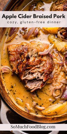 an apple cider braised pork stew in a skillet