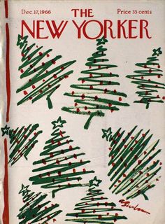 an advertisement for the new yorker christmas tree company, with trees drawn in green and red