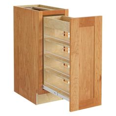 a wooden cabinet with drawers and doors open