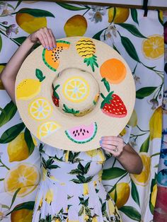 Custom hand painted fruit floppy beach / festival hat. Perfect for any occasion under the sun! Wear it to the beach, bachelorette party, vacation, wedding, parties, festivals & more! Fruit designs include: strawberries, lemons, pineaplpes, watermelons, & oranges. Bright and colorful, you'll certainly stand out from the crowd in this showstopper number. ****Please Note: Due to the handcrafted nature of this item, designs may ever so slightly vary. Painting Hats, Bachelorette Party Vacation, Painted Sun, Diy Hats, Beach Bachelorette Party, Fruit Designs, Painted Fruit, Vacation Wedding, Beach Festival