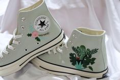 CONVERSE CHUCK TAYLOR 1970 SHOES SAGE GREEN WITH CUSTOMIZED PET EMBROIDERY         Embroidered Converse/ Custom Cat and Garden Embroidered Shoes/ Custom Converse Chuck Taylor 1970s Embroidered Pet/ Personalized Gift Shoes  💸 Price includes Converse Shoes and floral embroidery as shown 🌸 You can send me your Converse/Vans shoes or I can buy them for you. We stock all the Converse and Vans shoes you want, if you want other Converse/Vans shoes in the store, please message us. Your embroidered Con Vintage Sneakers With Embroidered Logo For Spring, 1970 Shoes, Shoes Sage Green, Converse Fits, Converse Chuck 70s, Pet Embroidery, Chuck Taylor Shoes, Embroidered Converse, Converse Custom