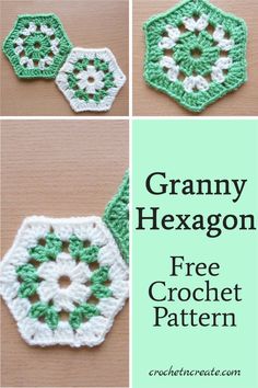 granny hexagon crochet pattern with four different pictures to make it look like hexagon