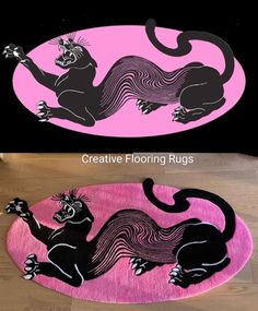 two rugs with black and pink designs on them, one in the shape of a cat