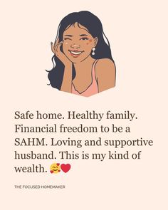 a woman smiling and holding her hand to her face with the words safe home, healthy family