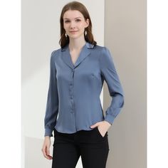 Complete your chic style with this satin button-up shirt. This satin button-up shirt features button cuffs and a notch collar perfectly. Pair it with jeans and work pants for your casual chic look. To create an elegant image with a classic design. Look smart and classic in this shirt finished with solid color fabric. With shiny and smooth fabric, this satin shirt makes you look elegant and romantic. Formal V-neck Shirt With Button Closure, Formal V-neck Shirt With Buttons, Blue Collared Blouse For Work, Single Breasted Blouse For Work, Formal Solid Blouse With Placket, Single Breasted Button-up Blouse For Work, Formal Blouse With Placket, Workwear Lapel Collar Single Breasted Blouse, Workwear Blouse With Single Breasted Lapel Collar