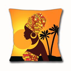 a decorative pillow with an african woman and palm trees in the background at sun set