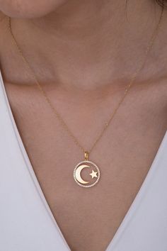 "★14K Solid Gold Moon Star Necklace, Moon Star Necklace, 925 Sterling Silver Moon Star Necklace, Valentine's Day Gift, Mother's Day Gift★ ✔ FEATURES: -Gold KT: 14K Solid Gold and 925 Silver -Colors: 925 White Gold, 925 Rose Gold, 925 Yellow Gold, 14K White Gold, 14K Rose Gold, 14K Yellow Gold -Chain Lengths: 14\", 16\", 18\", 20\", 22\" -Chain Widths: 0.9mm -Chain Style: Box ✔ SHIPPING: -Ready to Ship in 1-3 Business Days -FREE shipping on all orders -Packed in a labeled gift box -The perfect bi Moon And Star Pendant Necklace, Moon Star Necklace, Moon And Star Necklace, Gold Moon Necklace, Necklace Moon, Style Box, Gold Moon, Classy Jewelry, Jewelry Lookbook