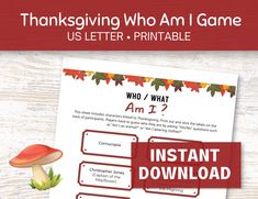 the thanksgiving who am i game is shown with an image of a mushroom and leaves