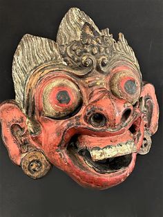 Antique Balinese mask worn for ritual dance and celebration. All paint original, some wear and missing areas to crown commensurate with age of the piece. 19th century Bali, Indonesia. Measures : 9 1/2" H x 8" W Traditional Masks And Prosthetics For Festivals, Traditional Red Masks And Prosthetics For Costume, Traditional Red Costume Masks And Prosthetics, Traditional Festival Masks And Prosthetics, Asian Mask, Ritual Mask, Balinese Mask, Weird Faces, Ritual Dance