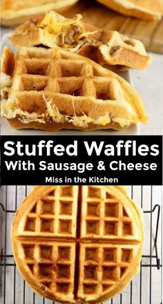 waffles with sausage and cheese are on a cooling rack next to each other