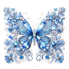 a blue butterfly with lots of flowers on it's wings and wings spread out