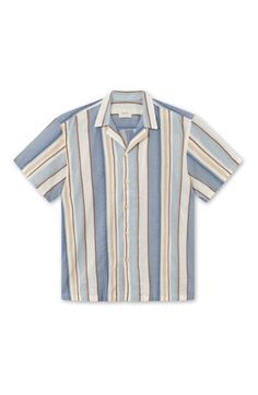 Fine organic cotton and textural stripes distinguish this cool camp shirt cut with an easy, relaxation-enhancing fit. 29" length, 46" chest (size medium) Front button closure Notched collar Short sleeves 100% organic cotton Machine wash, line dry Imported Summer Cotton Tops With Horizontal Stripes, Cotton Tops With Horizontal Stripes For Summer, Casual Yarn-dyed Striped Tops, Casual Striped Yarn-dyed Tops, Blue Shirt With Horizontal Stripes For Summer, Casual Blue Shirt With Horizontal Stripes, Casual Blue Horizontal Stripe Shirt, Striped Cotton Camp Shirt With Camp Collar, Casual Yarn-dyed Button-up Tops