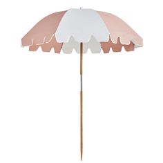 an umbrella that is pink and white on a wooden stick in front of a white background