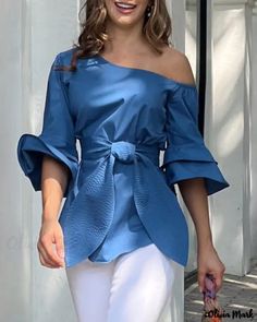 Color: blue, Size: M Butterfly Sleeve Top, Party Blouse, Layered Blouse, Loose Pullover, Blouse Material, Ruffled Sleeve Top, Collar Top, Collar Blouse, Lace Shirt