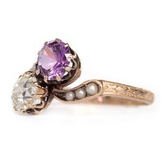 1890s Victorian Diamond and Amethyst 9 Karat Yellow Gold Engagement Ring For Sale at 1stDibs | 9 karat diamond Heirloom Purple Ring With Rose Cut Diamonds, Heirloom Multi-stone Amethyst Ring, Heirloom Multi-stone Purple Amethyst Ring, Purple Amethyst Ring With Rose Cut Diamonds, Vintage 14k Gold Multi-stone Amethyst Ring, Vintage Multi-stone Amethyst Ring In 14k Gold, Heirloom Amethyst Jewelry With Rose Cut Diamonds, Classic Purple Multi-stone Jewelry, Vintage Multi-stone Amethyst Jewelry