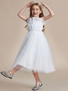 Shiny Flower Girl Dress with layer of tulle on the princess chest #color_White Sleeveless Organza Tutu Dress For Dress-up, Spring Princess Ball Gown For Prom, Spring Ball Gown Tutu Dress For Dress-up, Princess Tulle Bridesmaid Dress, Princess Style Bridesmaid Tulle Dress, Tulle Dress With Ruffles For Dress-up, White Tulle Ball Gown For Dress-up, Princess Dress With Ruffles For Bridesmaid, Princess Style Ruffled Dress For Bridesmaids