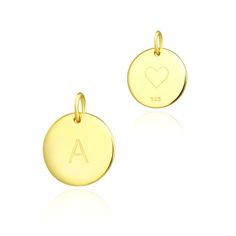 (2pcs) Personalize your jewelry or gift with a genuine sterling silver round disc letter charm - cute, sweet and unique; an engraved heart is on the back of the disc - express love and caring; a soldered ring of the charm makes it easy and secure to be used for any design Material: Gold plated solid 925 sterling silver (925 Stamped), ✦ Gold and Sterling Silver are Hypoallergenic and Nickel Free - a Great Choice for Those Who Have Sensitive Skin ✦ All our sterling silver jewelry supplies is coate Sterling Silver Round Charms For Mother's Day, Minimalist Round Charms For Gifts, Minimalist Round Gift Charms, Minimalist Personalized Round Charms, Personalized Round Sterling Silver Charms, Hypoallergenic Sterling Silver Round Charms, Engraved Initials, Monogram Alphabet, Letter Charm