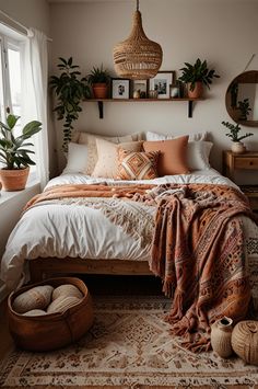 a bed sitting in a bedroom next to a window with potted plants on top of it