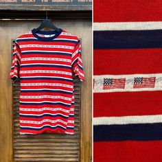 "Vintage 1970's Flag Patriotic Pop Art Stars and Stripes Mod T-Shirt. Tag Size M. Please check the measurements below. Very good condition. The label is \"California Classics\". Original 1970's. Stars and stripes shirt with U.S. flag pattern. All Sales Final. Please ask any questions before purchase. Take a look at our Store for more Vintage Clothing - VintageOnHollywood. MEASUREMENTS Shoulder to Shoulder: 16 1/2\" Underarm to Underarm: 18\" Outer Sleeve Length (shoulder edge to cuff edge): 10\" 4th Of July Vintage, Art Stars, Flag Pattern, Shirt Tag, Stars And Stripes, Clothing Styles, Mens Clothing, Button Shirt, Fancy Dresses