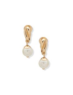 Anne Klein Gold Tone Twisted Button With Pearl Drop Clip On Earrings Gold Clip On Earrings, Hoco Jewelry, Statement Pearl Earrings, Pearl Statement Earrings, Wishlist 2024, Pearl Accessories, Chic Earrings, Gold Clips, Guest Dress