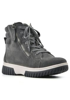 Guaranteed to be your new favorite pair, the Go Getter sneaker boot by White Mountain Shoes helps you take on the day in comfort and style. The two-toned bottom, decorative zipper and faux shearling trim keep this bootie fun and casual. Treated with 3M Scotchgard to be water and stain resistant.Leather UpperSynthetic LiningSynthetic OutsoleSynthetic Footbed1.75" Heel heightSneakers available in sizes 6-9 whole and half sizes, 10, 11 | Women's Go Getter Sneakers by White Mountain in Charcoal Sued Mountain Shoes, White Mountain Shoes, Go Getter, White Mountain, Boot Shoes Women, Lace Up Boots, Winter Boots, New Shoes, Bootie