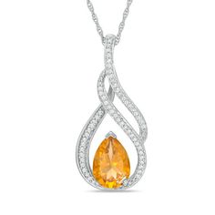 Treat her to a surprise before you go out for her November birthday celebration - so she can wear her new gemstone and diamond pendant for the evening's festivities. Crafted in cool 10K white gold, this graceful drop features a diamond-lined flame-shaped frame and showcases a scintillating 10.0 x 7.0mm pear-shaped golden yellow citrine. Radiant with 1/6 ct. t.w. of diamonds and a brilliant buffed luster, this pendant suspends along an 18.0-inch rope chain that secures with a spring-ring clasp. Sterling Silver Diamond Necklace With Accents For Celebration, Pear-shaped Diamond Jewelry With Accent Stones, Teardrop Gemstone Diamond Necklace For Anniversary, Elegant Citrine Necklace With Diamond Accents, Yellow Gold Necklaces With Accent Stones For Anniversary, Elegant Citrine Necklaces With Diamond Accents, Anniversary Yellow Gold Necklaces With Accent Stones, Elegant Birthstone Necklace With Gemstone Accents For Anniversary, Elegant Anniversary Birthstone Necklace With Gemstone Accents