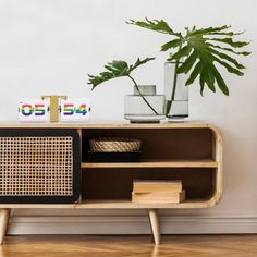 a wooden cabinet sitting on top of a hard wood floor next to a potted plant