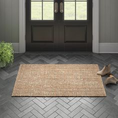 a pair of shoes sitting on top of a rug in front of a black door