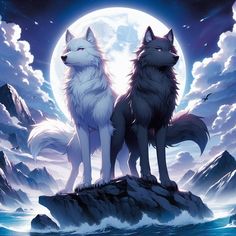 two white wolfs sitting on top of a rock in front of a full moon