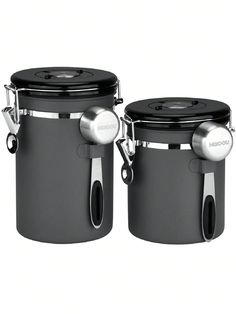 two black and silver containers with handles on each side, one has a lid for the other