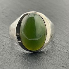 Vintage Olive Green Jadeite Sterling Silver Signet Ring, UK Size M1/2, US Size 61/4, EU Size 52, Stamped Silver, Ring Front Max Width 15.2mm, Weight 5.02 Grams, Lovely Condition Modern Green Cabochon Rings, Modern Green Ring With Large Stone, Untreated Green Oval Rings, Green Ring With Large Stone, Silver Signet Ring, Signet Ring, Olive Green, Rings Statement, Ring