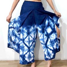 SPECIAL STYLE OUR DESIGN ...ONLY HERE FROM OUR STORE + Adorable and luxurious wrap pants with a cute style + Vibrant indigo and lovely colors for a charming look + Flexible fit with elastic at back + Perfect for all special occasions, adding a touch of elegance to your ensemble the tie-dye pattern may different from the photo** thai  rayon 100% MEASUREMENT:(please use as an estimate) Waist: lay flat side-side: 13-20"  (round 28"-40") HIP :  lay flat side-side: 23"  (round 45") Length from top to Blue Bottoms For Beach Cover-up In Beach Season, High Waist Harem Pants For Summer Vacation, Vacation Beach Season Harem Pants With Relaxed Fit, Bohemian Harem Pants For Beach Season, Beach Season Harem Pants With Elastic Waistband, Summer Festival Wide-leg Harem Pants, Non-stretch Wide-leg Pants For The Beach, Stretch Cotton Harem Pants For Vacation, Vacation Stretch Cotton Harem Pants