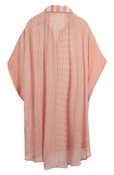 Hit the beach or kick it poolside in this flowy, semisheer shirt that features an oversized fit, slim stripes and an uneven hem. Front button closure Spread collar Elbow-length sleeves 100% viscose Hand wash, line dry Imported Breezy Spring Cover-up With Relaxed Fit, Breezy Relaxed Fit Spring Cover-up, Oversized V-neck Spring Cover-up, Oversized Casual Poolside Cover-up, Oversized Casual Cover-up For Poolside, White Vertical Stripes Top For Beach, Casual Short Sleeve Cover-up For Daywear, Casual Flowy Short Sleeve Cover-up, Flowy Short Sleeve Casual Cover-up