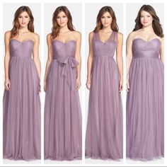 four different pictures of women in long dresses with bows on the waist and one wearing a strapless dress