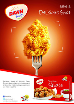 an advertisement for chicken shots with a fork sticking out of it