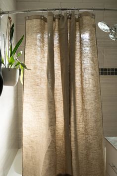 a bathroom with a shower curtain and a potted plant