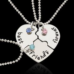 What a fabulous gift idea to give to you and your 2 closest BEST FRIENDS! This fashionable trendy BEST FRIENDS necklace comes in 3 puzzle pieces forming a silver heart puzzle, each with its own rhinestone colors: blue, pink and turquoise Three pieces that form a heart puzzle, to share with your friends, all for only $19.97 + SHIPPING. Free shipping for orders over $75 Domestic orders 3 weeks delivery, International orders 4 week delivery. We use UPS tracking numbers to ensure prompt delivery and Best Friend Letters, Floating Diamond Necklace, Bff Jewelry, Friendship Necklace, Friend Jewelry, Bff Necklaces, Best Friend Jewelry, Best Friend Necklaces, Friendship Jewelry