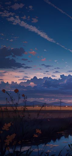 the sun is setting over a body of water with wildflowers in foreground