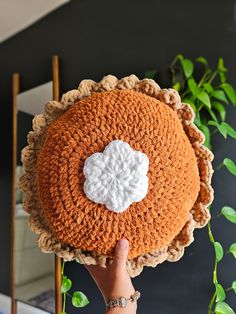 a hand holding up a crocheted flower cushion