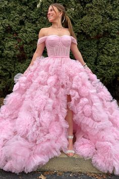 Ruffle Ball Gown, Layers Skirt, Tulle Long Prom Dress, Sheer Corset, Tulle Material, Long Prom Gowns, Prom Queens, Fairytale Dress, Pink Tulle