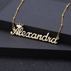 Gold Personalized Custom Name Satelite Chain Necklace For Women Nameplate Jewelry In Stainless Steel, Stainless Steel Nameplate Jewelry, Elegant Customizable Metal Necklaces, Elegant Stainless Steel Nameplate Necklace, Elegant Customizable Stainless Steel Name Necklace, Elegant Stainless Steel Custom Name Necklace, Customized Stainless Steel Nameplate Necklace, Metal Name Pendant Necklace, Elegant Metal Name Necklace