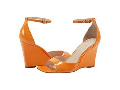 Marc Fisher LTD Camira - Women's Sandals : Orange Patent : Shine like a star at the party by donning the fabulous and glossy Marc Fisher LTD Camira heels designed to add chic to your outfit. Faux patent leather upper. Man-made lining and footbed. Buckle closure on the ankle strap. Open and square toe construction. High wedge heel design. PU outsole. Imported. Shine Like A Star, High Wedges, Heel Design, Marc Fisher, Women's Sandals, Designer Heels, Underworld, Wedge Heels, Fashion Collection