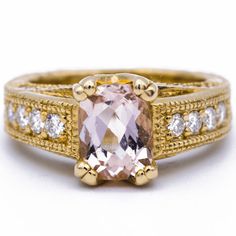 8x6mm Cushion Cut Morganite Center 14k Yellow Gold Diamond Channel Set 1.75 Carat Total Weight-Fire & Brilliance ® Creative Designs-Fire & Brilliance ® Channel Set, Gem Stone, 2 Carat, Morganite, Cushion Cut, Gold Diamond, Gems, Diamonds, Yellow Gold