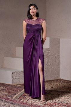 Purple georgette satin padded draped gown with sequins hand embellishments. - Aza Fashions Satin Gowns Indian, Western Gowns Party Wear Designer, Western Gowns Party Wear, Gowns Purple, Western Gowns, Draped Gown, Georgette Gown, Satin Gowns, Satin Hands