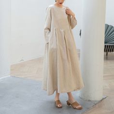 "Cool and comfortable for hot summer days, this natural linen dress is elegant and stylish.    It is a wonderful wardrobe staple that's a timeless classic you'll wear again and again.Pure natural linen materials, comfortable, breathable, refreshing and soft fabric. All our items are Tailored and Handmade and Made to Order ,I can make Any Size . I design new styles every week, please collect my store. I believe that you will meet your favorite styles. ★★FEATURES Linen 55% + Cotton 45% ( Medium We Casual Ramie Linen Spring Dress, Spring Daywear Linen Dress, Casual Natural Linen Dress, Spring Neutral Linen Dress, Spring Linen Dress For Daywear, Beige Linen Dress With Relaxed Fit For Spring, Beige Ramie Linen Dress For Summer, Casual Beige Linen Long Sleeve Dress, Beige Relaxed Fit Linen Dress For Spring