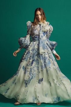 Floral motif printed organza dress – HerTrove Printed Organza Dress, Isabel Sanchis, Silk Organza Dress, Masquerade Ball Gown, Exclusive Gowns, Cocktail Dresses With Sleeves, Printed Organza, Greek Goddess Costume, Organza Dress